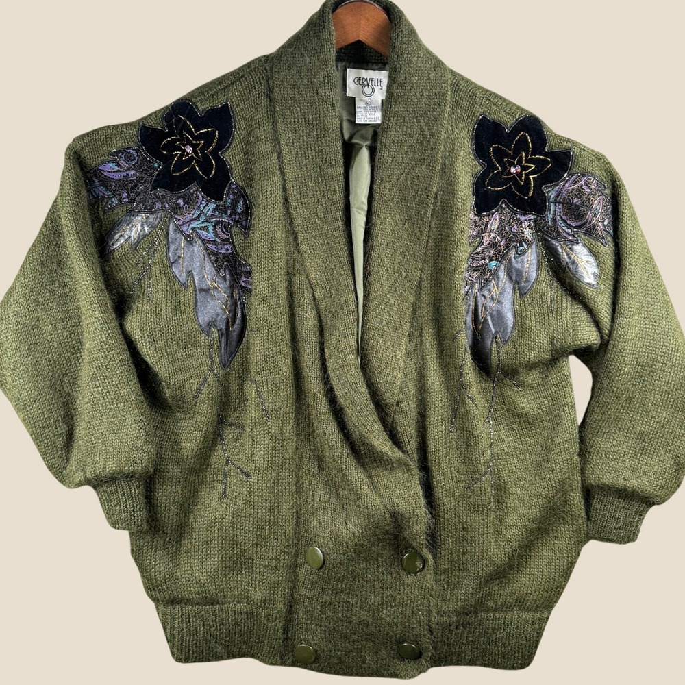 Vintage Cervelle Cardigan Women XL Green Mohair Floral Applique Sweater 80s